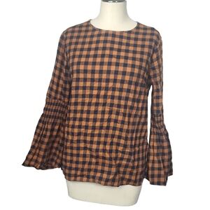Beachlunchlounge Plaid Crewneck Long Bell Sleeves Top S